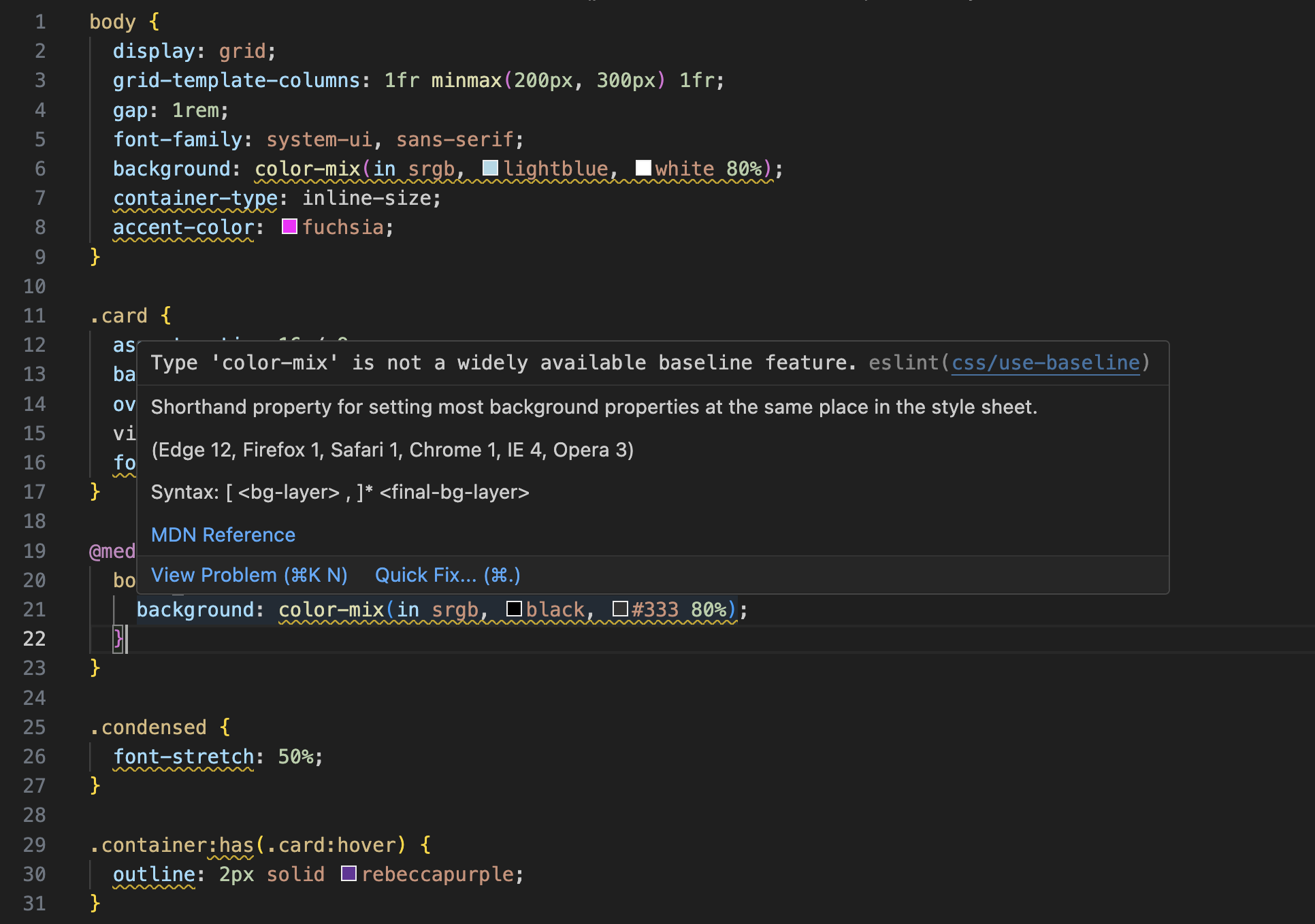 ESLint plugin used in VSCode showing underlines on features outside a Baseline target.